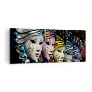 Cuadro sobre lienzo - Impresión de Imagen - Máscaras venecianas en varios colores con patrones decorativos. - 120x50cm - Misterio en oro y plata - Decoración de pared moderna para salón y dormitorio ARTTOR
