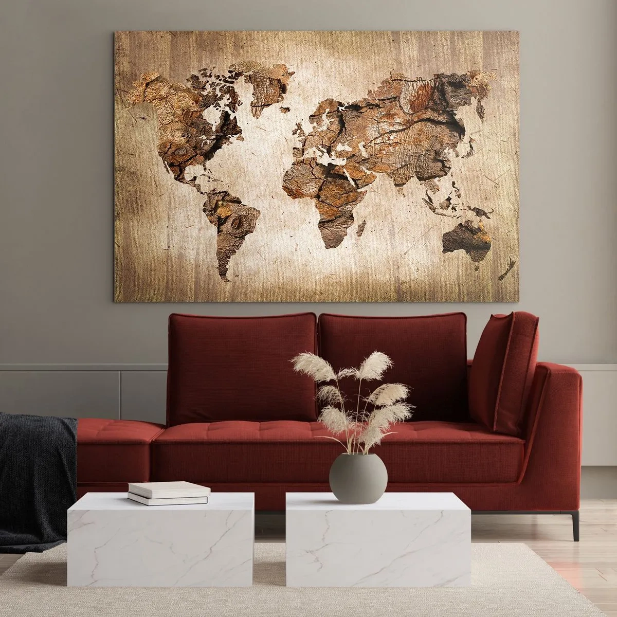 Cuadro sobre vidrio - Impresiones sobre Vidrio - Un mapa del mundo en tonos marrones imitando la madera. - 100x70cm - El descubrimiento del mundo - Decoración de pared moderna para salón y dormitorio ARTTOR