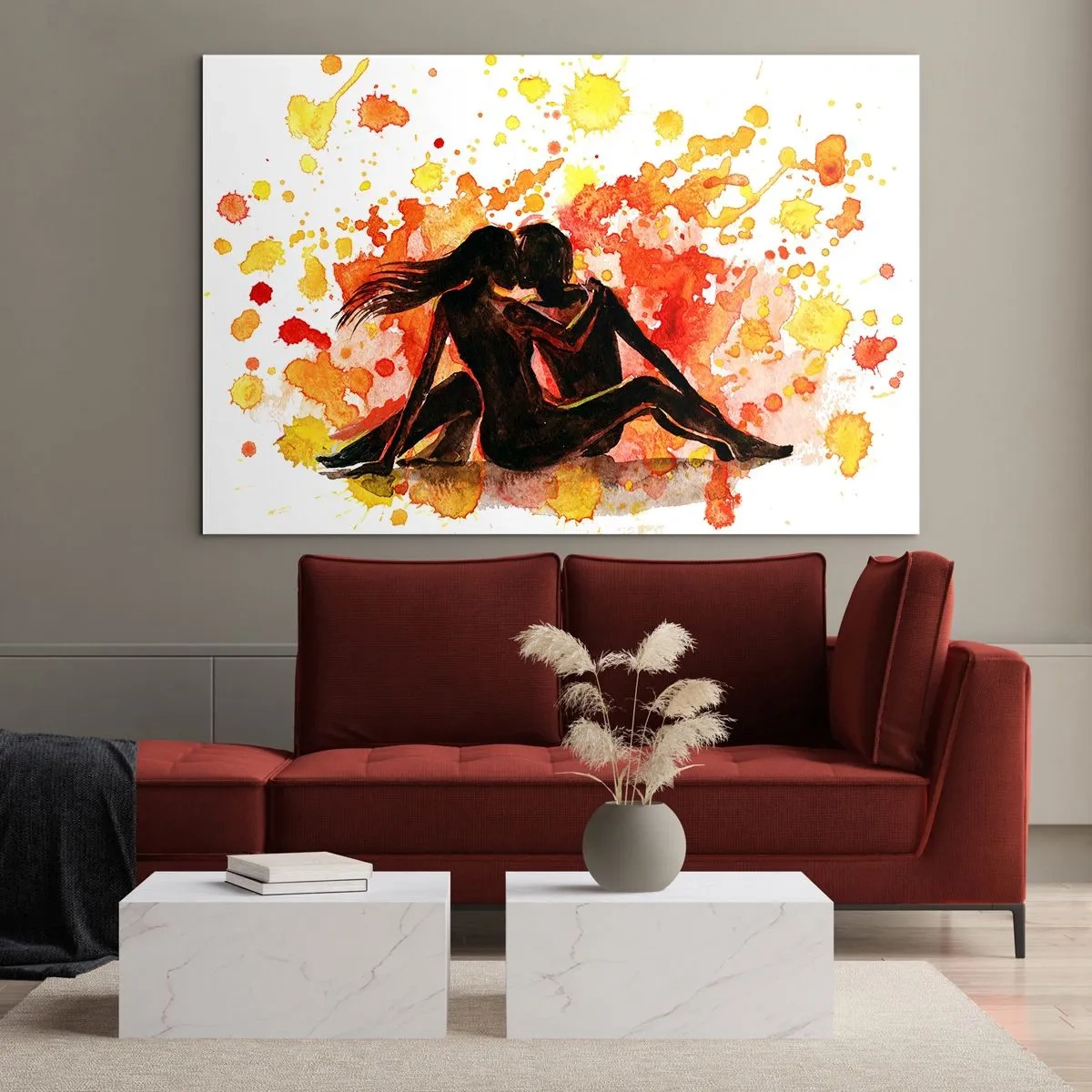 Cuadro sobre vidrio - Impresiones sobre Vidrio - Silueta de una pareja sobre un fondo de manchas de acuarela de colores. - 100x70cm - Momento romántico - Decoración de pared moderna para salón y dormitorio ARTTOR