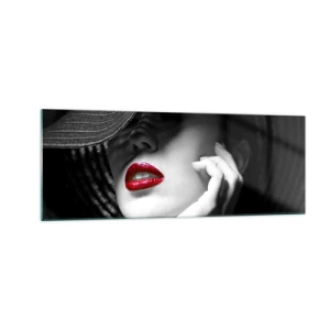Cuadro sobre vidrio - Impresiones sobre Vidrio - Retrato en blanco y negro de una mujer con labios rojos. - 140x50cm - Estudio en escarlata - Decoración de pared moderna para salón y dormitorio ARTTOR