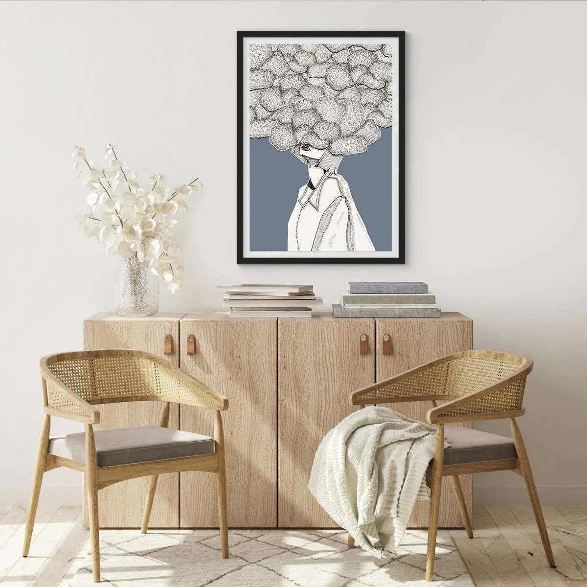 Póster en marco negro - Una figura con una nube en lugar de cabeza, estilizada en tonos grises. - 50x70cm - Con la cabeza en las nubes - Decoración de pared moderna para salón y dormitorio ARTTOR