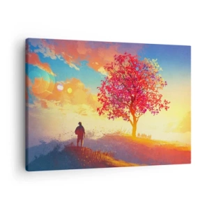 Cuadro sobre lienzo - Impresión de Imagen - Una figura en una colina junto a un árbol colorido a la luz del sol poniente. - 70x50cm - Un peregrino en su destino - Decoración de pared moderna para salón y dormitorio ARTTOR