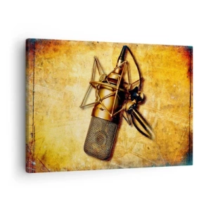 Cuadro sobre lienzo - Impresión de Imagen - Un micrófono de estudio dorado sobre un fondo vintage en tonos cálidos. - 70x50cm - Los años dorados de la radio - Decoración de pared moderna para salón y dormitorio ARTTOR