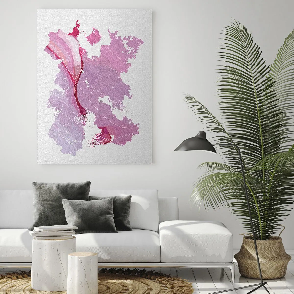 Cuadro sobre vidrio - Impresiones sobre Vidrio - Mapa abstracto en tonos rosa y morado sobre fondo blanco. - 50x70cm - Mapa de un mundo rosa - Decoración de pared moderna para salón y dormitorio ARTTOR