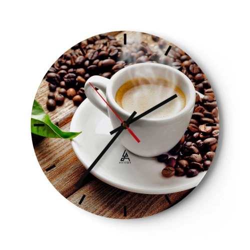 Reloj de pared - Reloj de vidrio - Una taza de café con granos sobre un fondo de madera. - 30x30cm - Café en el banco - Decoración de pared moderna para salón, cocina y dormitorio ARTTOR