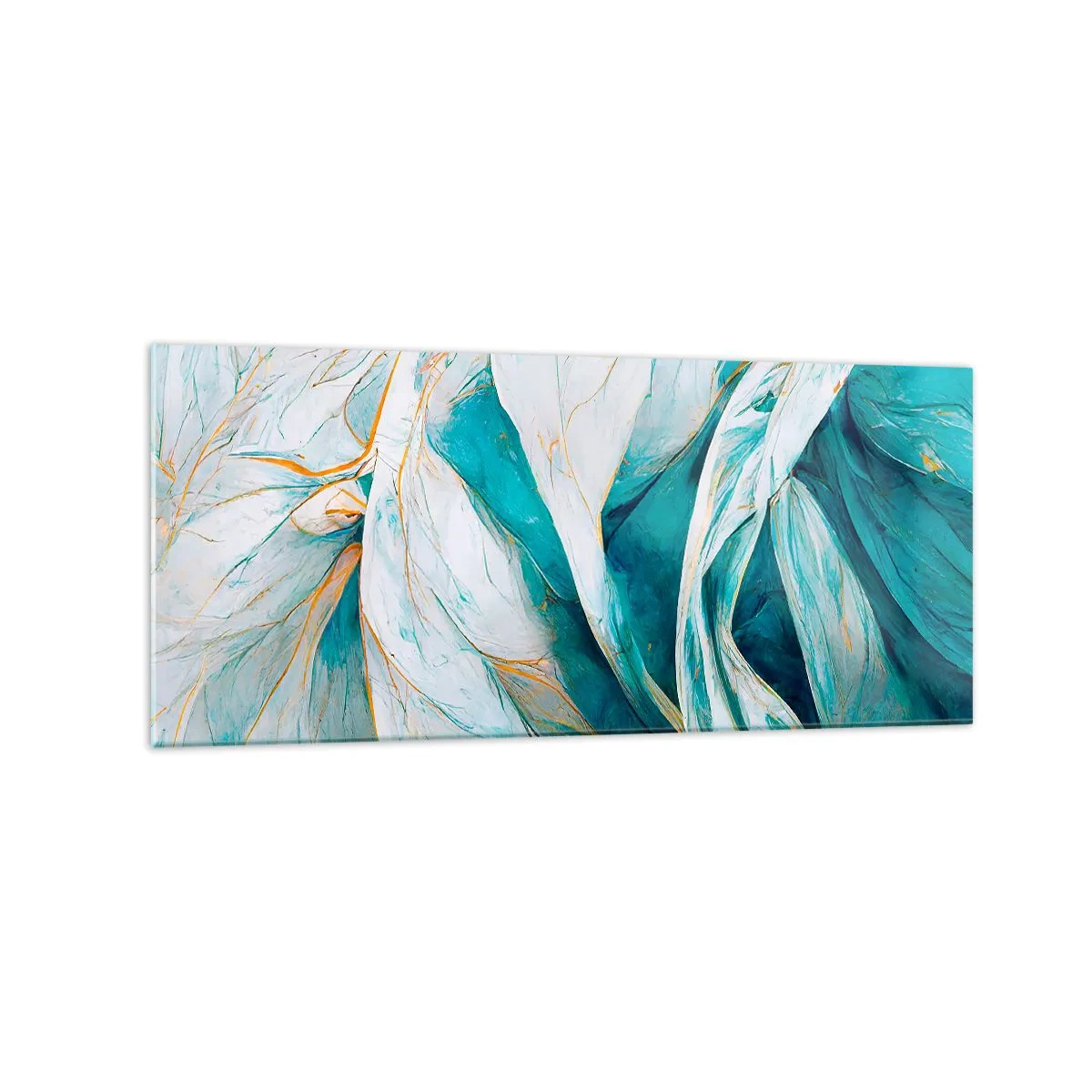 Cuadro sobre vidrio - Impresiones sobre Vidrio - Hojas azules abstractas con detalles dorados - 120x50cm - Abstracción azul con motivos dorados - Decoración de pared moderna para salón y dormitorio ARTTOR