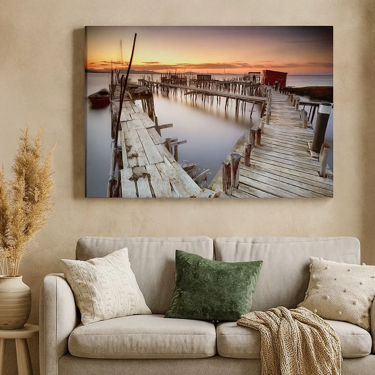 Cuadro sobre lienzo - Impresión de Imagen - Muelles de madera en aguas tranquilas al atardecer - 70x50cm - Auténtico, sublime - Decoración de pared moderna para salón y dormitorio ARTTOR