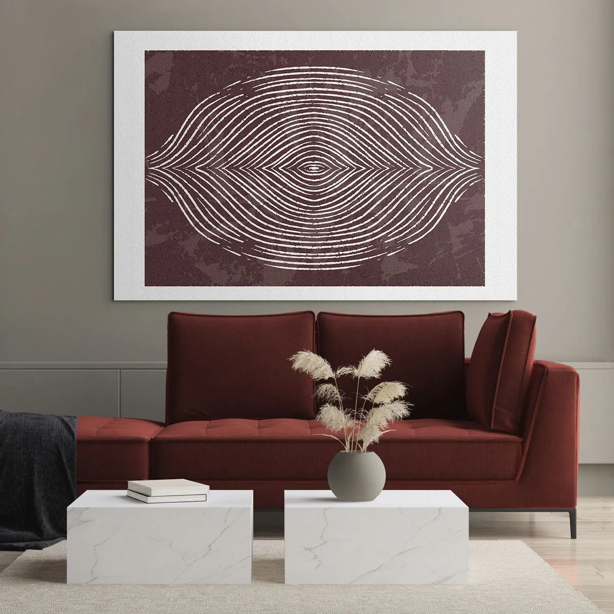 Cuadro sobre vidrio - Impresiones sobre Vidrio - Líneas simétricas en forma de ojo sobre un fondo burdeos. - 70x50cm - El espacio habla - Decoración de pared moderna para salón y dormitorio ARTTOR