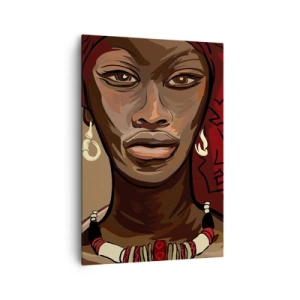 Cuadro sobre lienzo - Impresión de Imagen - Retrato de una mujer con un turbante rojo sobre un fondo beige - 70x100cm - Venus de ébano - Decoración de pared moderna para salón y dormitorio ARTTOR