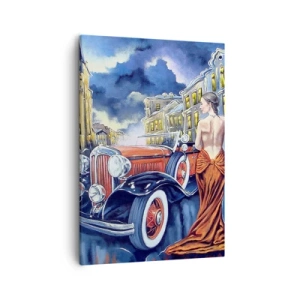 Cuadro sobre lienzo - Impresión de Imagen - Una mujer con un vestido elegante junto a un coche retro por la noche. - 50x70cm - Noche de romanticismo - Decoración de pared moderna para salón y dormitorio ARTTOR
