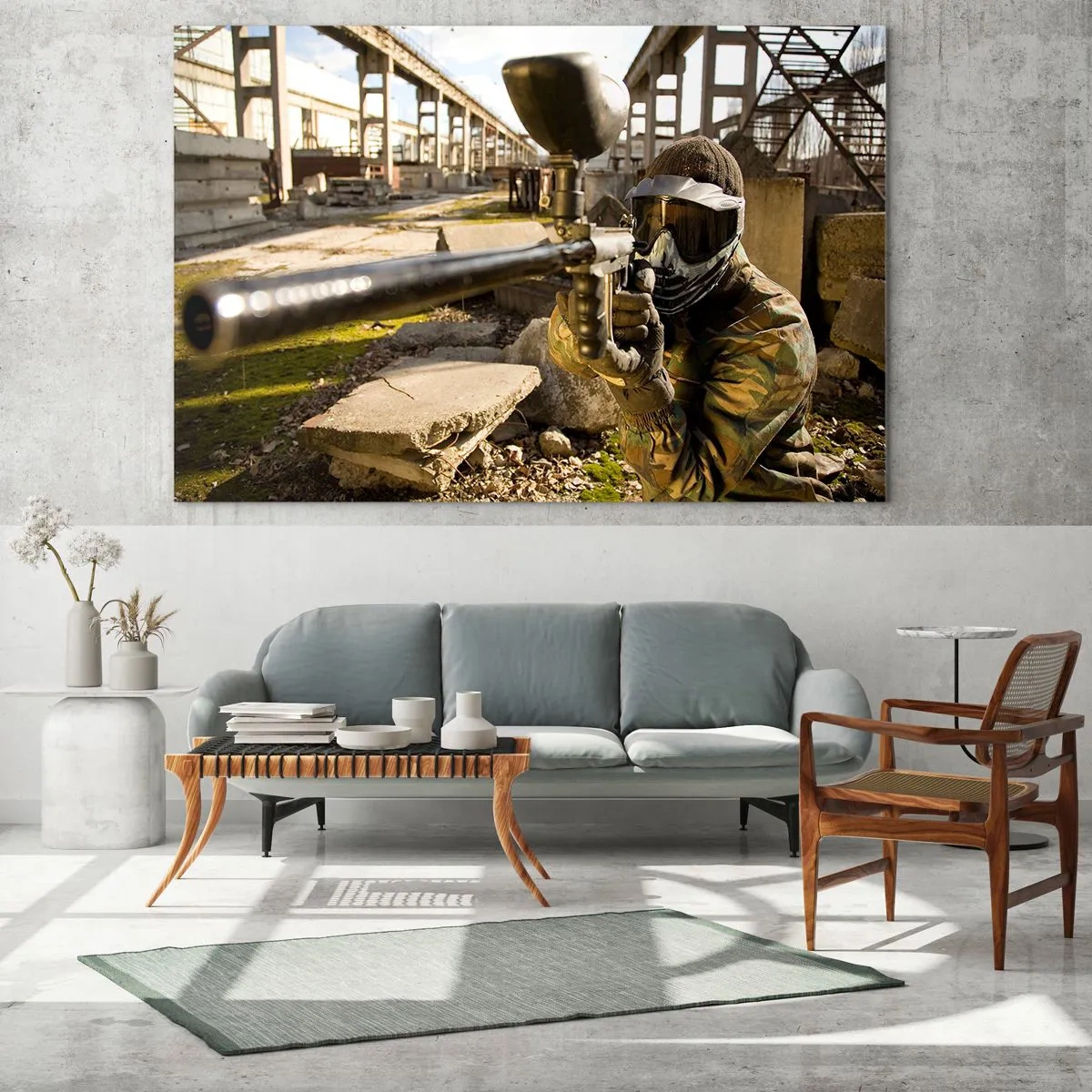 Cuadro sobre vidrio - Impresiones sobre Vidrio - Jugador de paintball en acción en un entorno industrial - 100x70cm - Y puedes ser un héroe - Decoración de pared moderna para salón y dormitorio ARTTOR