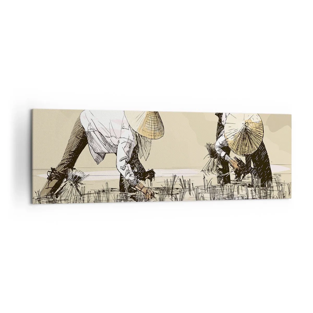 Cuadro sobre lienzo - Impresión de Imagen - Agricultores trabajando en un campo de arroz con sombreros tradicionales - 160x50cm - De una cosecha exitosa - Decoración de pared moderna para salón y dormitorio ARTTOR