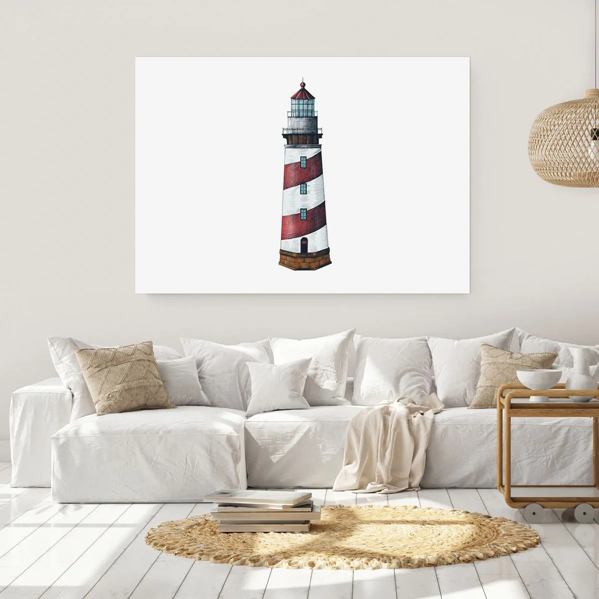 Póster - Una imagen de dibujos animados de un faro con rayas rojas y blancas sobre un fondo minimalista. - 100x70cm - Siempre en guardia - Decoración de pared moderna para salón y dormitorio ARTTOR