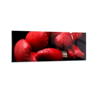 Cuadro sobre vidrio - Impresiones sobre Vidrio - Guantes de boxeo rojos sobre fondo negro - 140x50cm - La emoción del combate quedó atrás - Decoración de pared moderna para salón y dormitorio ARTTOR