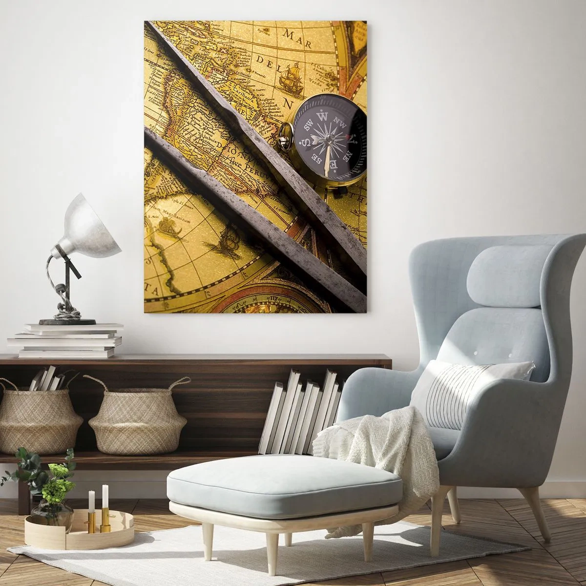 Cuadro sobre vidrio - Impresiones sobre Vidrio - Un mapa del mundo antiguo con una brújula y un par de brújulas en el fondo. - 70x100cm - ¿Dónde están los tesoros? - Decoración de pared moderna para salón y dormitorio ARTTOR