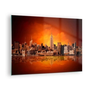Cuadro sobre vidrio - Impresiones sobre Vidrio - Panorama de la ciudad al atardecer - 70x50cm - Un panorama de la ciudad en amarillo y marrón - Decoración de pared moderna para salón y dormitorio ARTTOR