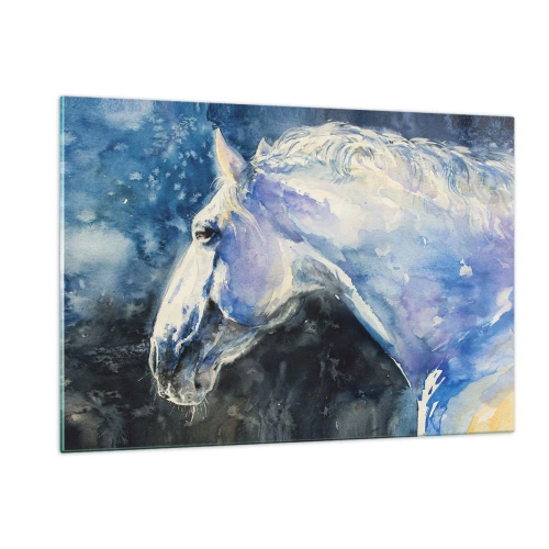 Cuadro sobre vidrio - Impresiones sobre Vidrio - Retrato en acuarela de un caballo en tonos azules. - 120x80cm - Retrato en un resplandor azul - Decoración de pared moderna para salón y dormitorio ARTTOR