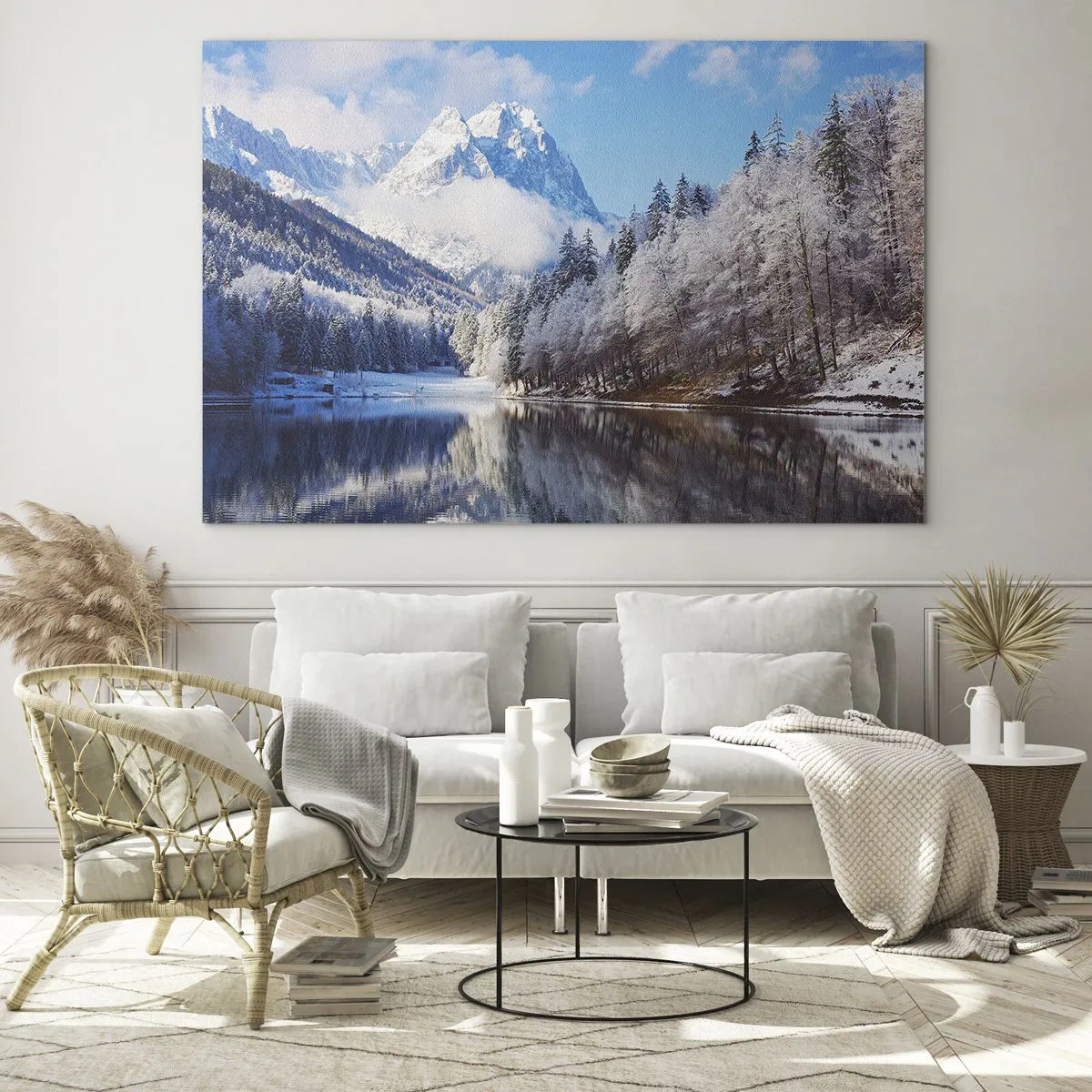 Cuadro sobre vidrio - Impresiones sobre Vidrio - Paisaje invernal con montañas y un lago congelado. - 70x50cm - Guardia de nieve - Decoración de pared moderna para salón y dormitorio ARTTOR