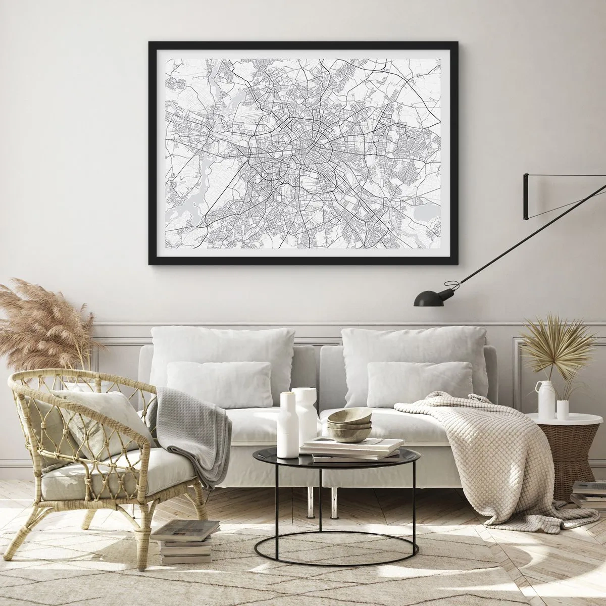 Póster en marco negro - Mapa detallado de la ciudad en blanco y negro - 100x70cm - Flor de Berlín - Decoración de pared moderna para salón y dormitorio ARTTOR