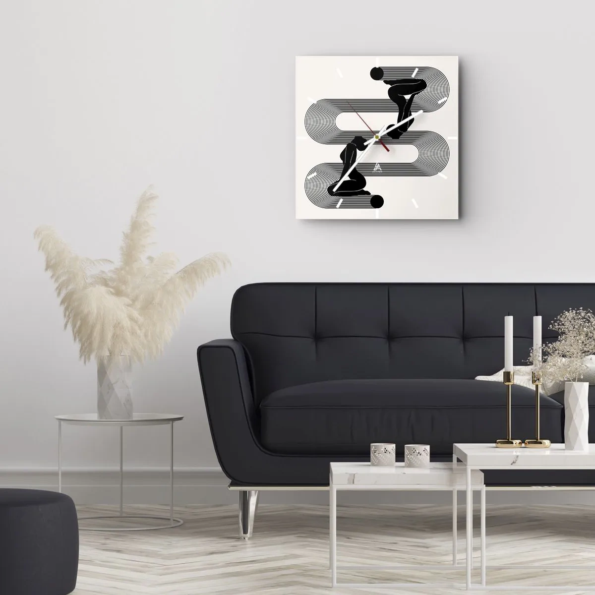 Reloj de pared - Reloj de vidrio - Siluetas negras con líneas geométricas sobre un fondo claro - 30x30cm - Simetría sensual - Decoración de pared moderna para salón y dormitorio ARTTOR