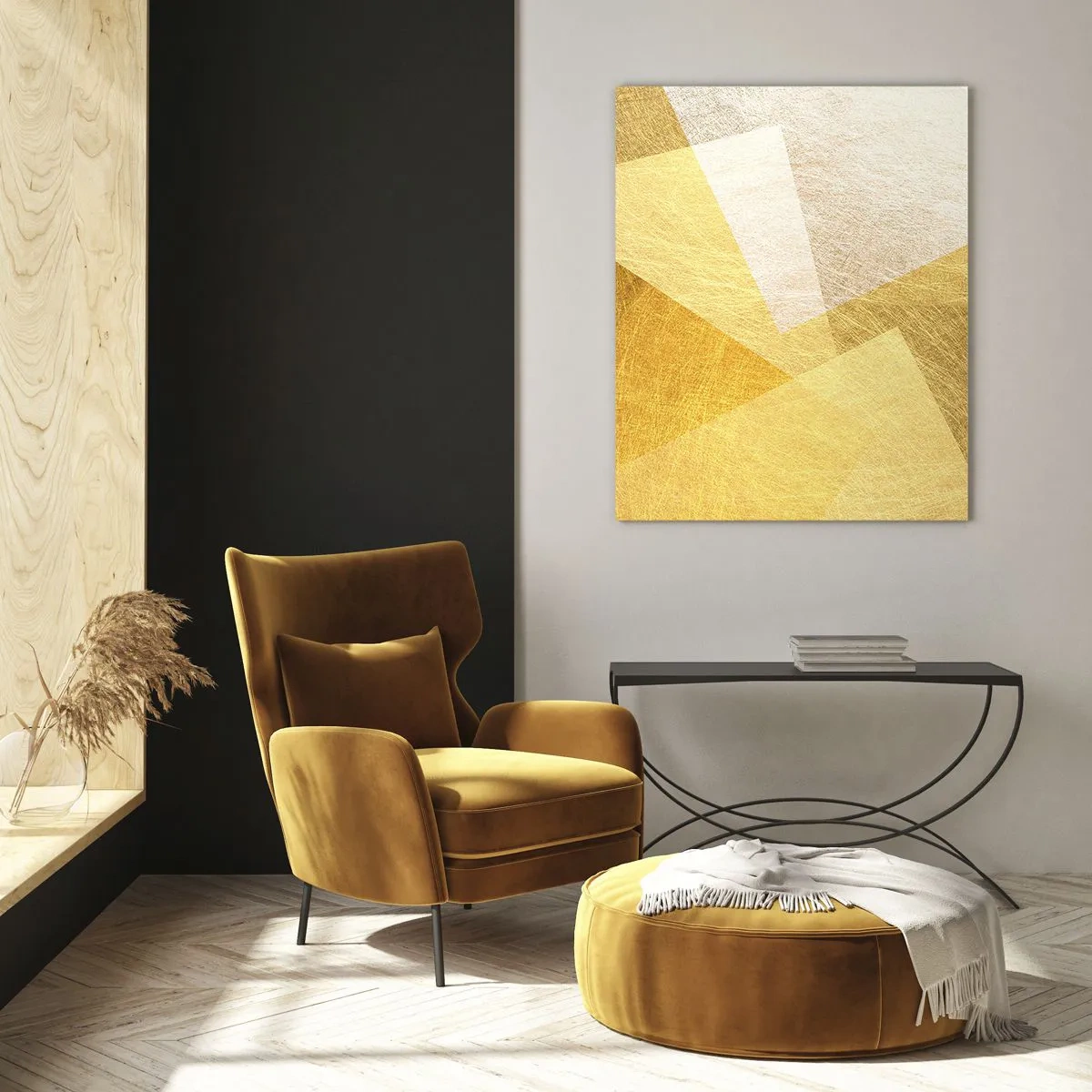 Cuadro sobre vidrio - Impresiones sobre Vidrio - Formas geométricas doradas con textura metálica y ligera. - 50x70cm - Tiempo de geometría - Decoración de pared moderna para salón y dormitorio ARTTOR