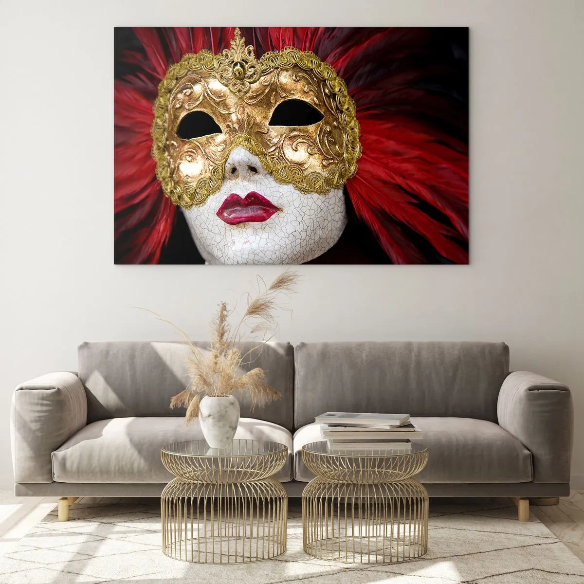 Cuadro sobre vidrio - Impresiones sobre Vidrio - Máscara de carnaval dorada con plumas rojas. - 120x80cm - Promesa de aventura carnavalesca - Decoración de pared moderna para salón y dormitorio ARTTOR