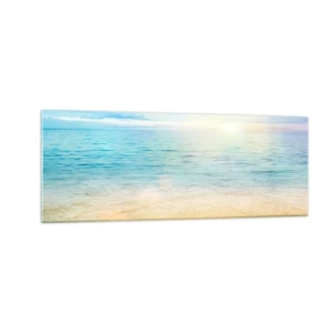 Cuadro sobre vidrio - Impresiones sobre Vidrio - Una playa con mar turquesa y cielo despejado. - 140x50cm - Gran cielo azul - Decoración de pared moderna para salón y dormitorio ARTTOR