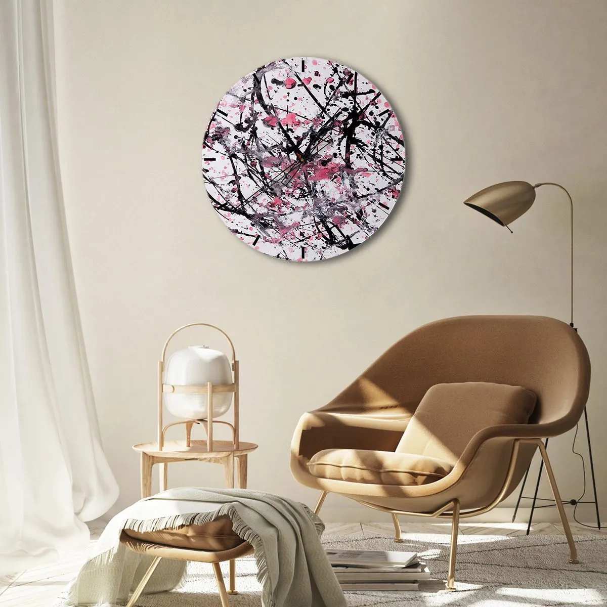 Reloj de pared - Reloj de vidrio - Salpicaduras abstractas de negro, blanco y rosa sobre un fondo blanco - 30x30cm - La fugacidad de la vida - Decoración de pared moderna para salón, cocina y dormitorio ARTTOR