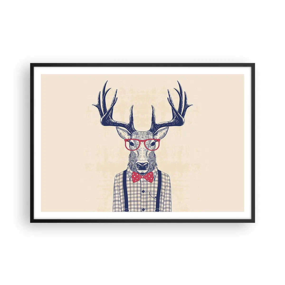 Póster en marco negro - Gráfico estilizado de un ciervo con gafas y pajarita. - 100x70cm - Una extravagancia lúdica - Decoración de pared moderna para salón y dormitorio ARTTOR