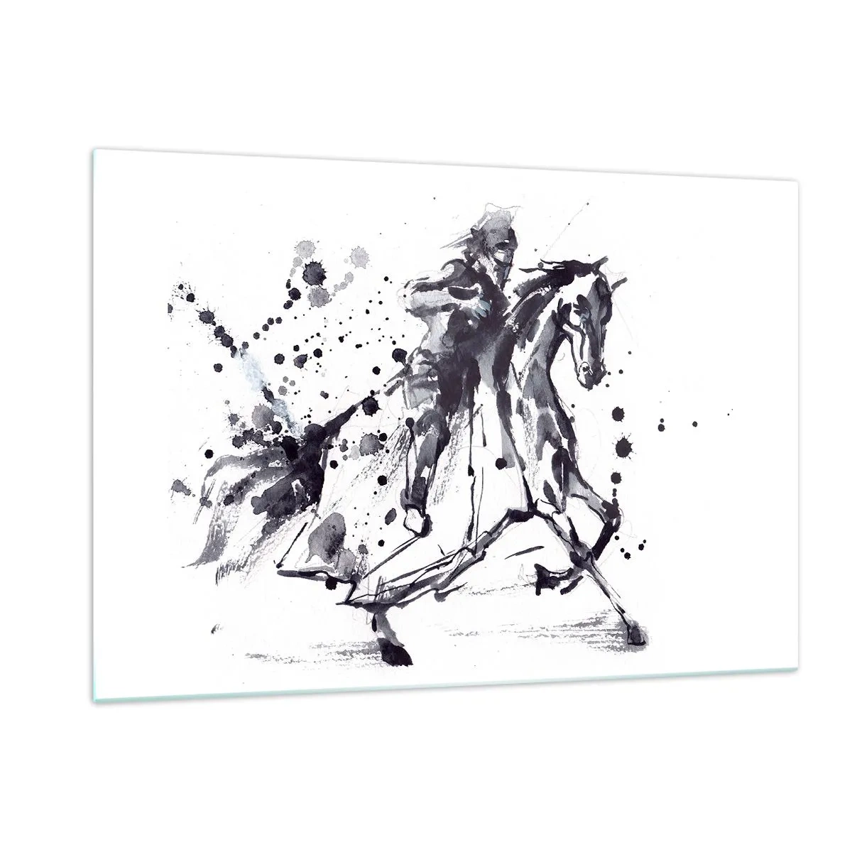 Cuadro sobre vidrio - Impresiones sobre Vidrio - Pintura en blanco y negro de un jinete a caballo en estilo abstracto. - 120x80cm - Caballero negro - Decoración de pared moderna para salón y dormitorio ARTTOR
