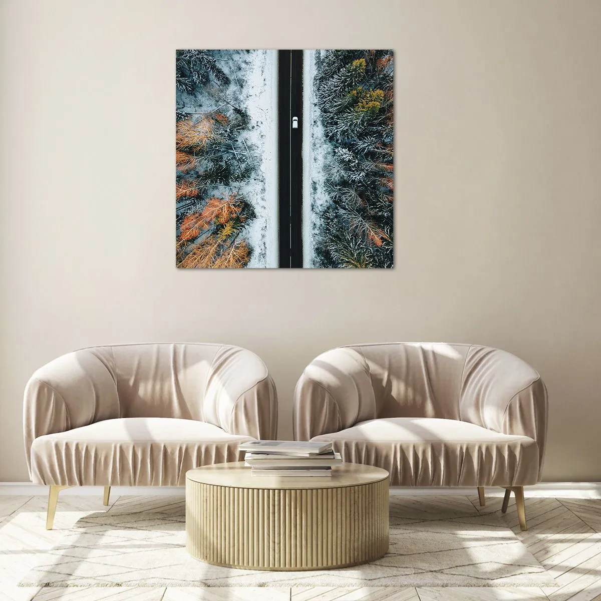 Cuadro sobre vidrio - Impresiones sobre Vidrio - Atravesar el bosque en invierno - 70x70 cm