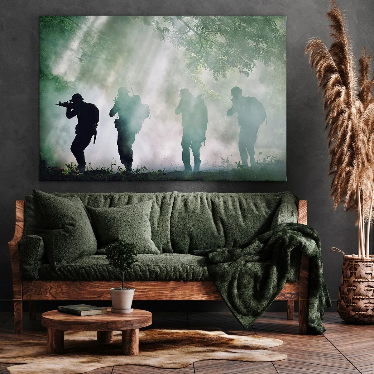 Cuadro sobre lienzo - Impresión de Imagen - Siluetas de soldados en un bosque rodeado de niebla. - 120x80cm - Uno para todos... - Decoración de pared moderna para salón y dormitorio ARTTOR