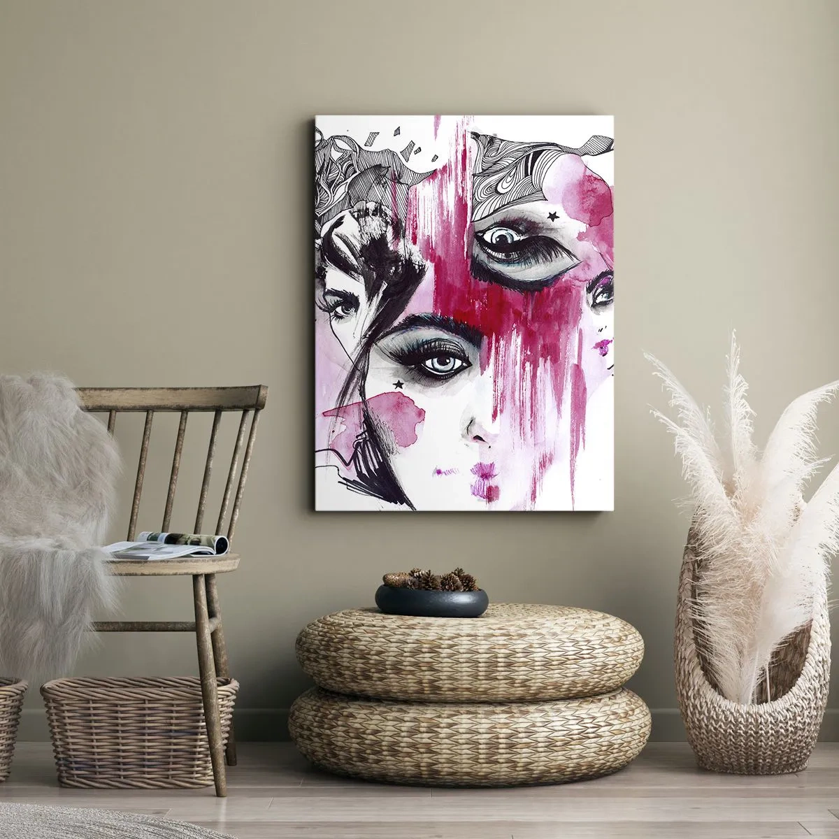 Cuadro sobre lienzo - Impresión de Imagen - Rostro abstracto en tonos rosa y negro. - 50x70cm - Ojos abstractos - Decoración de pared moderna para salón y dormitorio ARTTOR