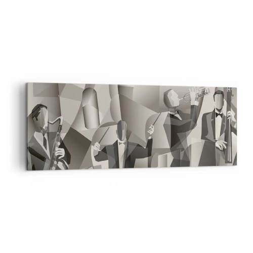Cuadro sobre lienzo - Impresión de Imagen - Escena abstracta con músicos de jazz en tonos de gris. - 140x50cm - En el espacio de los sonidos - Decoración de pared moderna para salón y dormitorio ARTTOR