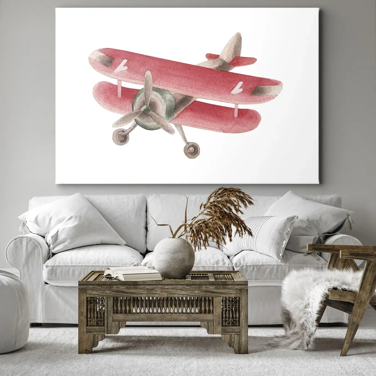Cuadro sobre lienzo - Impresión de Imagen - Avión retro rojo sobre fondo blanco - 70x50cm - Listo para surcar los cielos - Decoración de pared moderna para salón y dormitorio ARTTOR