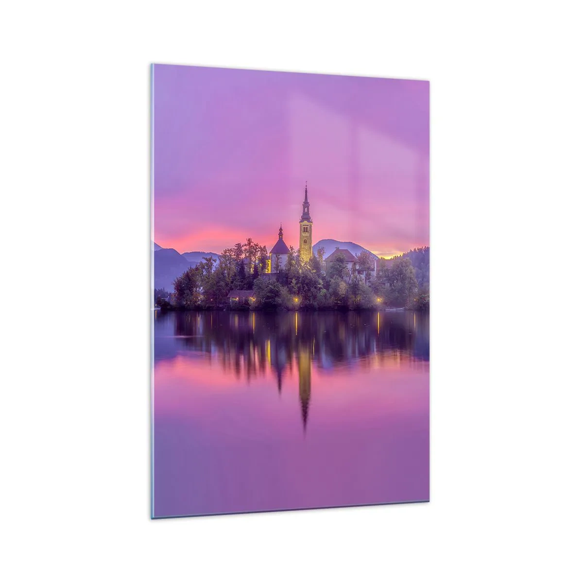Cuadro sobre vidrio - Impresiones sobre Vidrio - Lago con una isla y una iglesia al atardecer - 70x100cm - Isla de cuento de hadas al atardecer - Decoración de pared moderna para salón y dormitorio ARTTOR