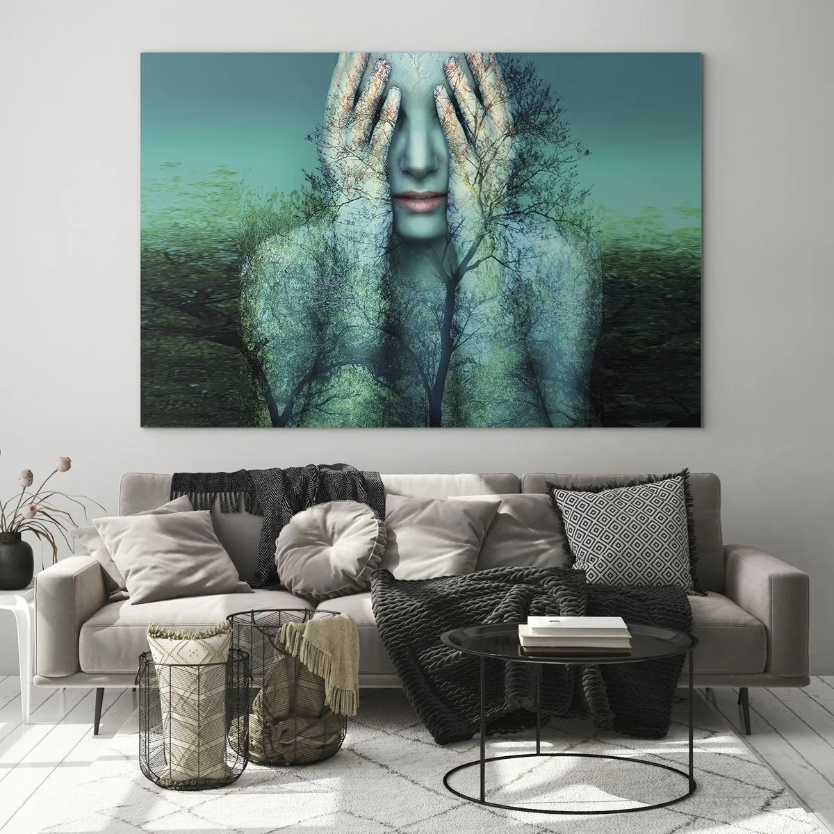 Cuadro sobre vidrio - Impresiones sobre Vidrio - Un rostro de mujer con un motivo de árbol en un entorno surrealista. - 70x50cm - Sumergida en azul - Decoración de pared moderna para salón y dormitorio ARTTOR