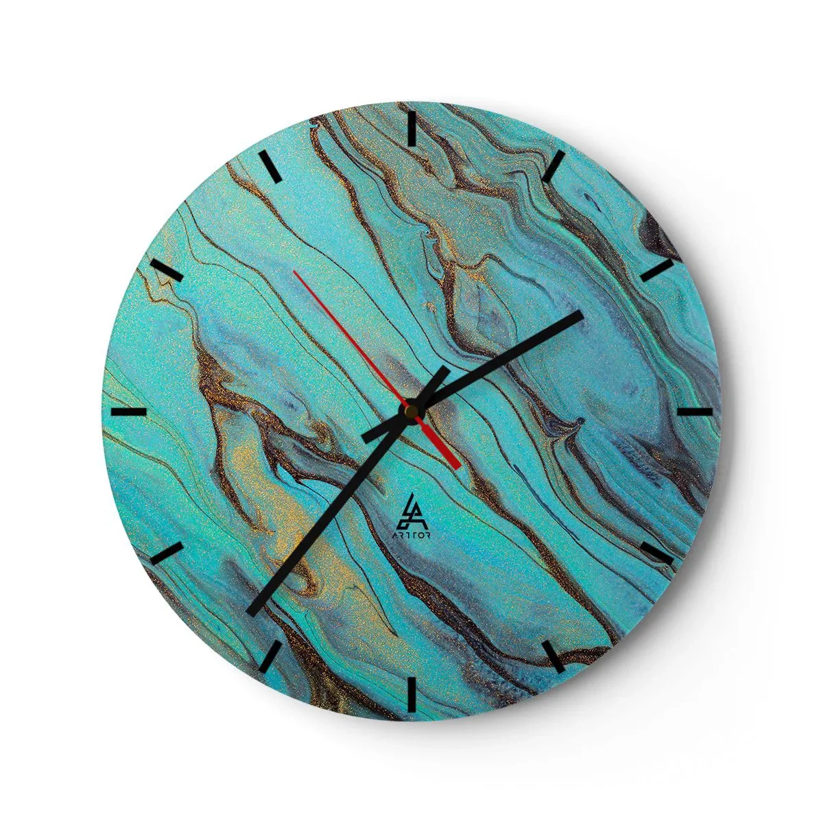 Reloj de pared - Reloj de vidrio - Ondas jaspeadas de turquesa y oro - 30x30cm - Marea turquesa - Decoración de pared moderna para salón, cocina y dormitorio ARTTOR