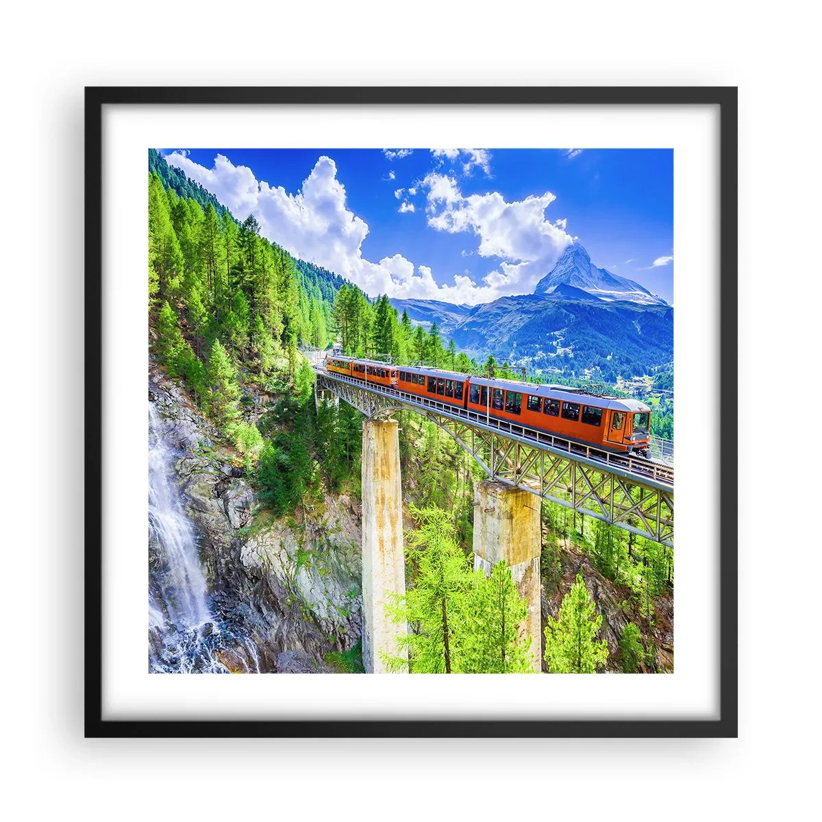Póster en marco negro - Ferrocarril a los Alpes - 50x50 cm