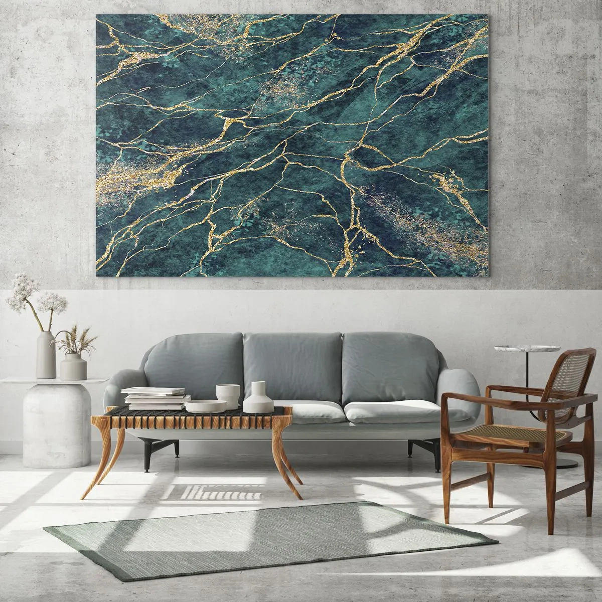 Cuadro sobre vidrio - Impresiones sobre Vidrio - Piedra jaspeada con vetas doradas, tonos verde azulado y verde. - 70x50cm - Riachuelos de oro - Decoración de pared moderna para salón y dormitorio ARTTOR