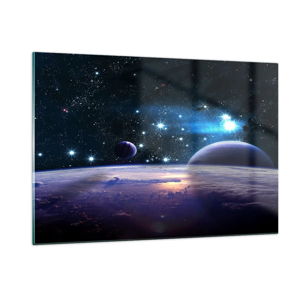 Cuadro sobre vidrio - Impresiones sobre Vidrio - Un paisaje espacial con planetas y estrellas sobre el fondo de una galaxia. - 120x80cm - ¿Sigues solo? - Decoración de pared moderna para salón y dormitorio ARTTOR