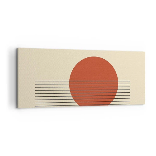 Cuadro sobre lienzo - Impresión de Imagen - Círculo rojo abstracto con líneas sobre fondo beige. - 120x50cm - Cruzando el círculo - Decoración de pared moderna para salón y dormitorio ARTTOR