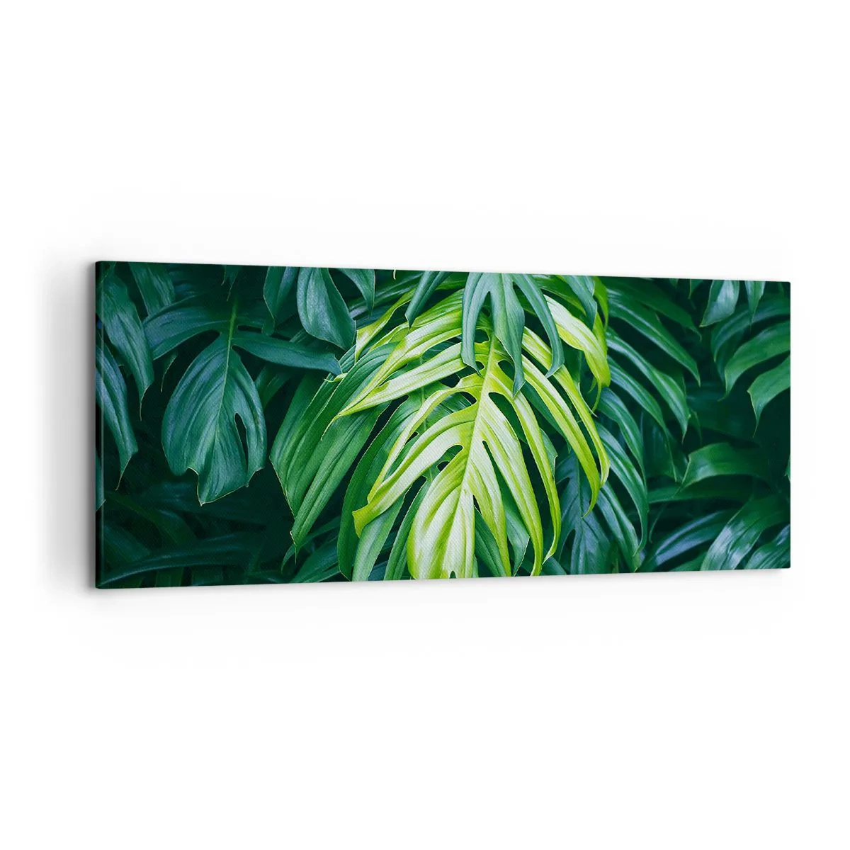 Cuadro sobre lienzo - Impresión de Imagen - Hojas verdes en un denso arreglo tropical. - 120x50cm - Sumérjase en la frescura - Decoración de pared moderna para salón y dormitorio ARTTOR