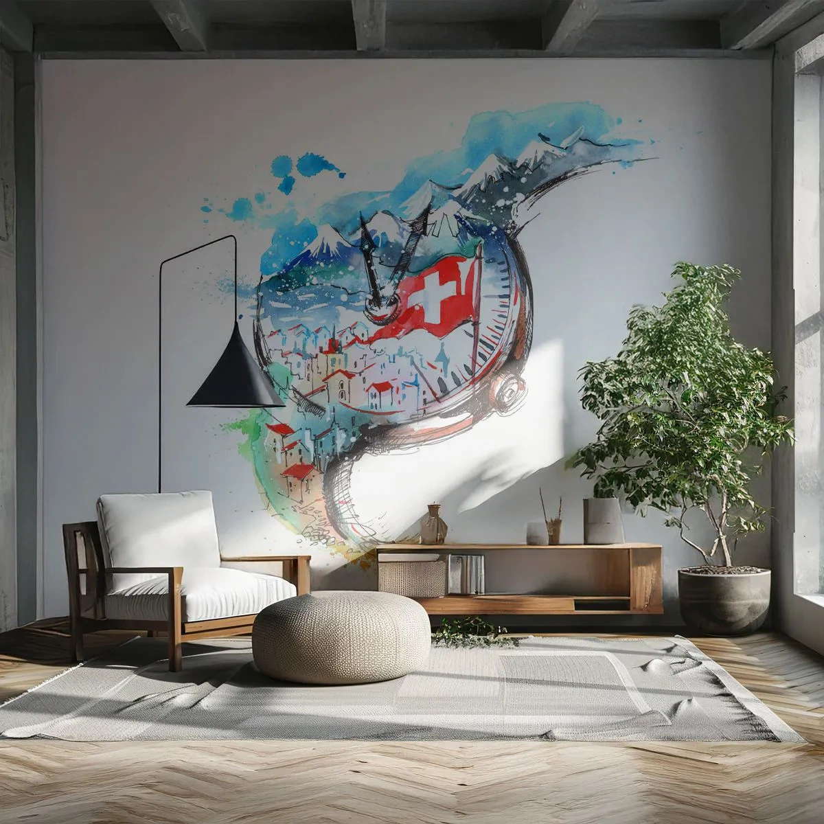 Fotomural Premium Sand - El espíritu de Suiza - Abstracción, Reloj suizo, Alpes - 350x256 cm