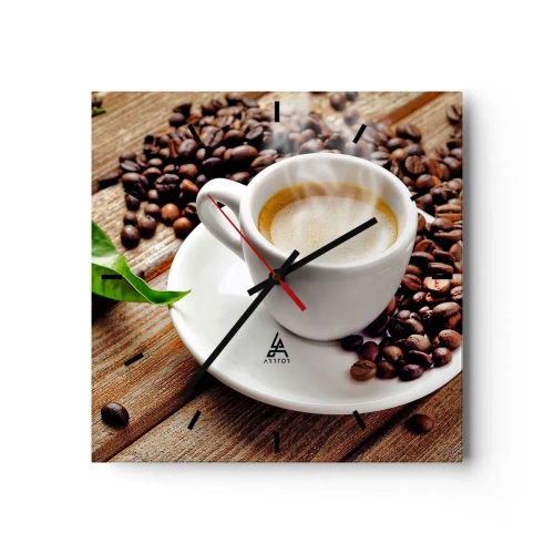 Reloj de pared - Reloj de vidrio - Una taza de café aromático sobre un fondo de granos y una hoja. - 30x30cm - Café en el banco - Decoración de pared moderna para salón y dormitorio ARTTOR
