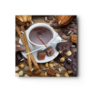 Reloj de pared - Reloj de vidrio - Una taza de chocolate caliente rodeada de ingredientes de postre. - 30x30cm - Chocolate de ensueño - Decoración de pared moderna para salón y dormitorio ARTTOR