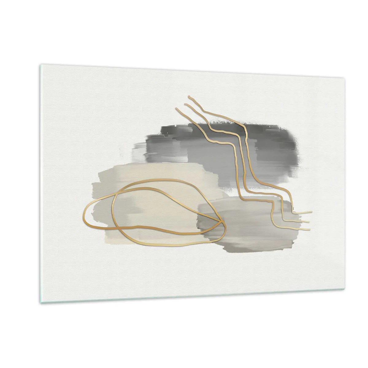 Cuadro sobre vidrio - Impresiones sobre Vidrio - Abstracción con manchas grises y líneas doradas sobre un fondo claro. - 120x80cm - Persistencia y movimiento - Decoración de pared moderna para salón y dormitorio ARTTOR