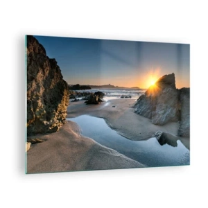 Cuadro sobre vidrio - Impresiones sobre Vidrio - Playa al amanecer con pintorescas rocas y agua. - 70x50cm - Sin tocar por la mano del hombre - Decoración de pared moderna para salón y dormitorio ARTTOR