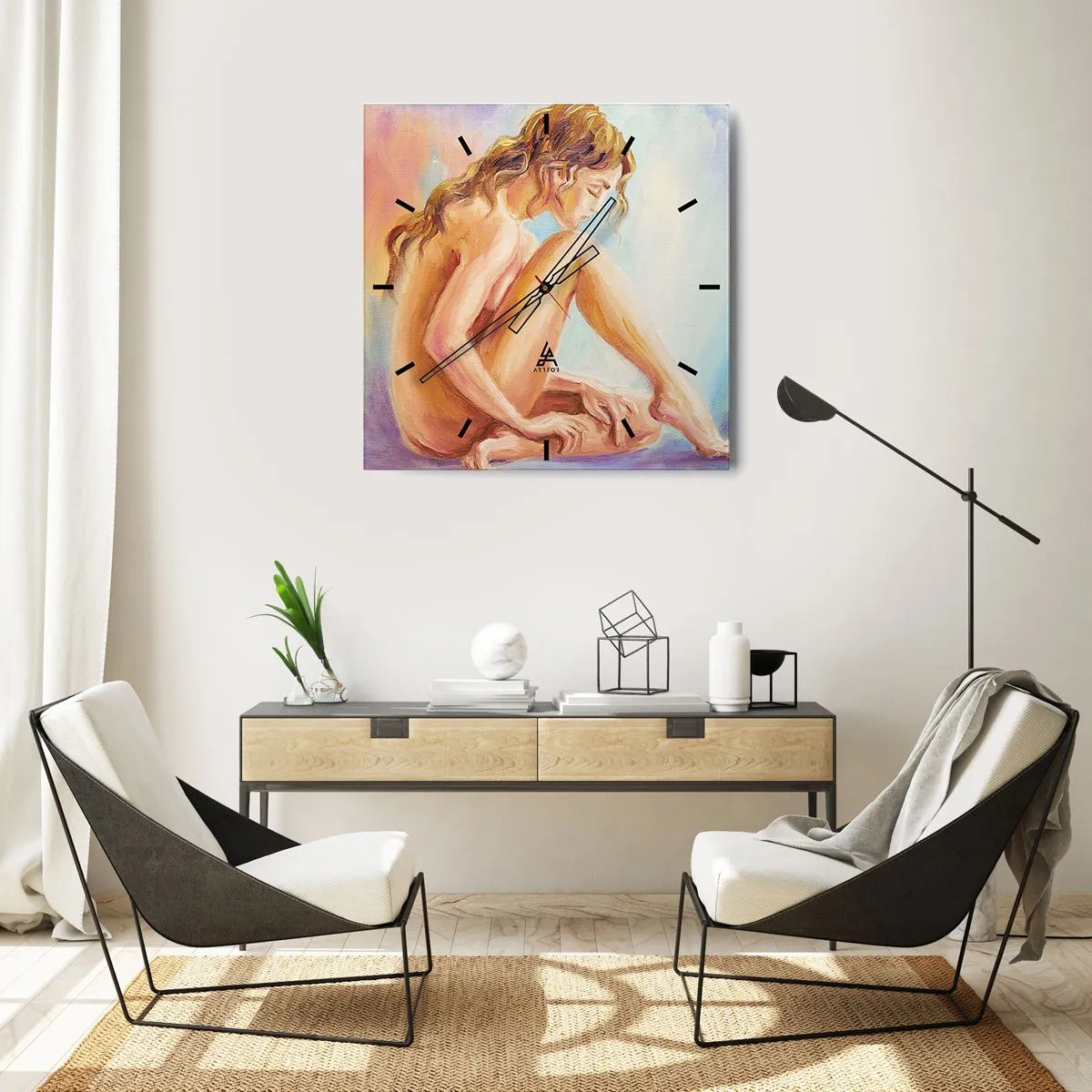 Reloj de pared - Reloj de vidrio - Una delicada figura de una mujer sobre un fondo pastel. - 30x30cm - Acto de juventud - Decoración de pared moderna para salón y dormitorio ARTTOR
