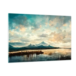 Cuadro sobre vidrio - Impresiones sobre Vidrio - Paisaje invernal con montañas y un lago congelado. - 120x80cm - Bajo la protección del cielo - Decoración de pared moderna para salón y dormitorio ARTTOR